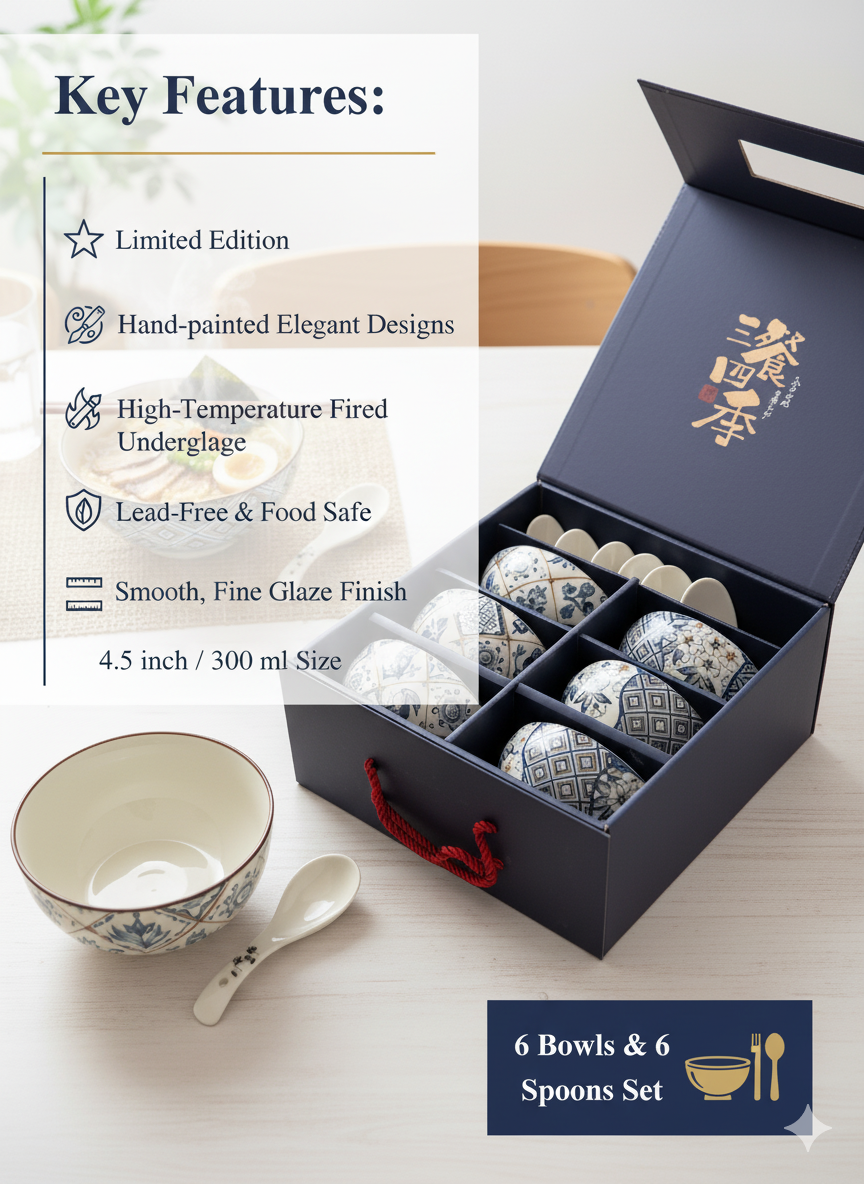 Set of 6 Ceramic Bowls with 6 Spoons – 300ml Japanese Style for Ramen, Pasta, Cereal, Snacks, Dessert – Gift Boxed