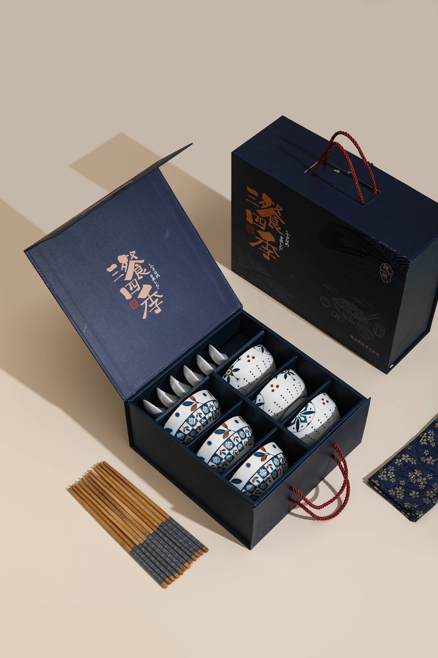 HQZT Homeware Set of 6 Bowls and Spoons set, Ceramic Hand Painted Japanese design Bowls