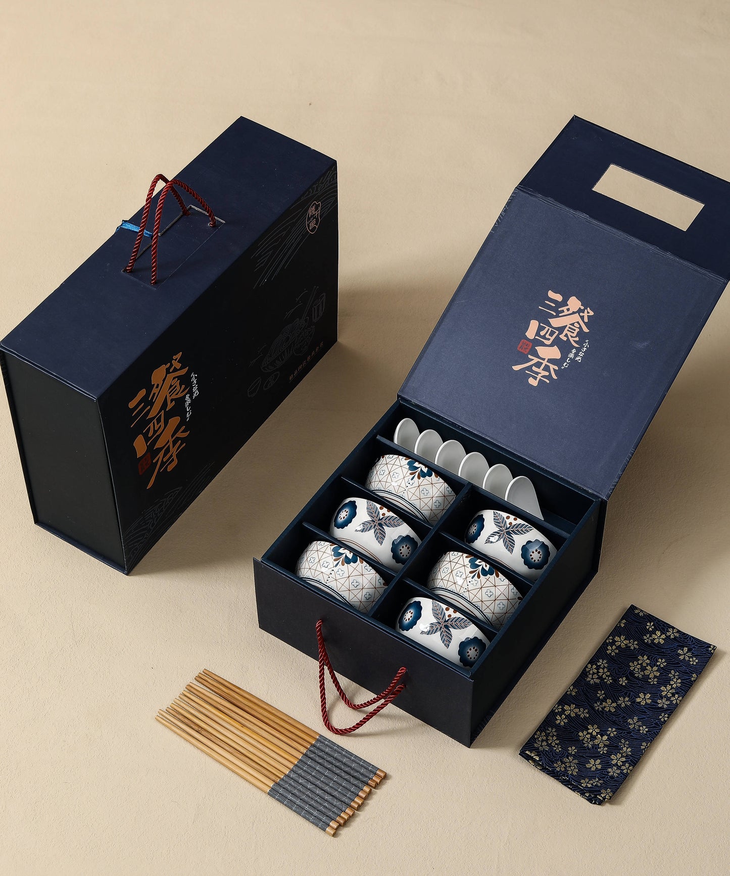 HQZT Homeware Set of 6 Bowls and Spoons set, Ceramic Hand Painted Japanese design Bowls