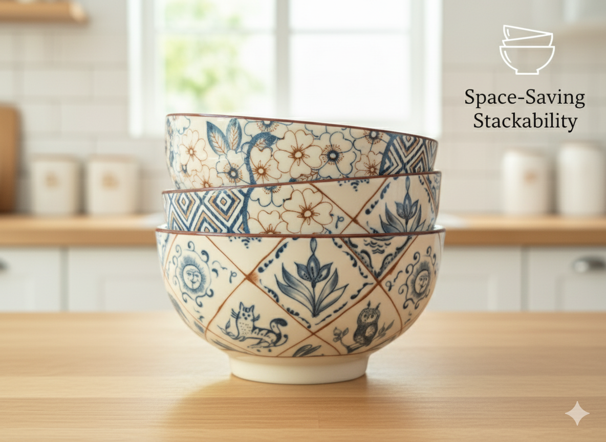 Set of 6 Ceramic Bowls with 6 Spoons – 300ml Japanese Style for Ramen, Pasta, Cereal, Snacks, Dessert – Gift Boxed