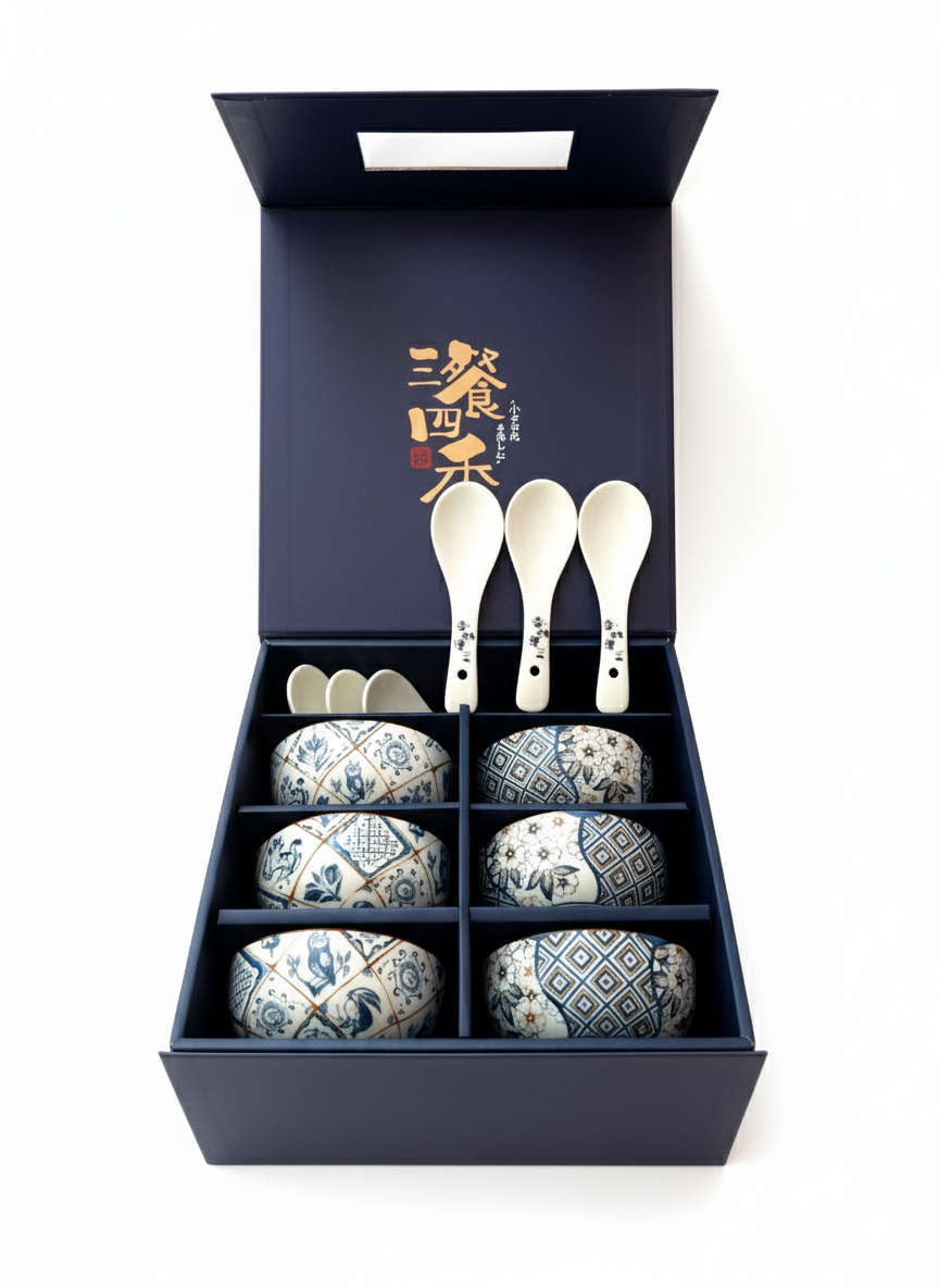 Set of 6 Ceramic Bowls with 6 Spoons – 300ml Japanese Style for Ramen, Pasta, Cereal, Snacks, Dessert – Gift Boxed