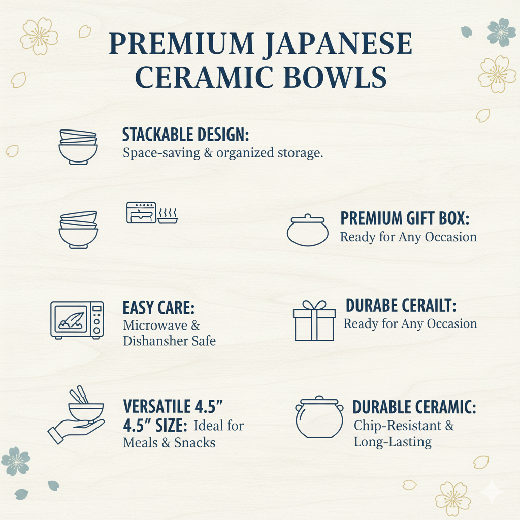 Set of 6 Ceramic Bowls with 6 Spoons – 300ml Japanese Style for Ramen, Pasta, Cereal, Snacks, Dessert – Gift Boxed