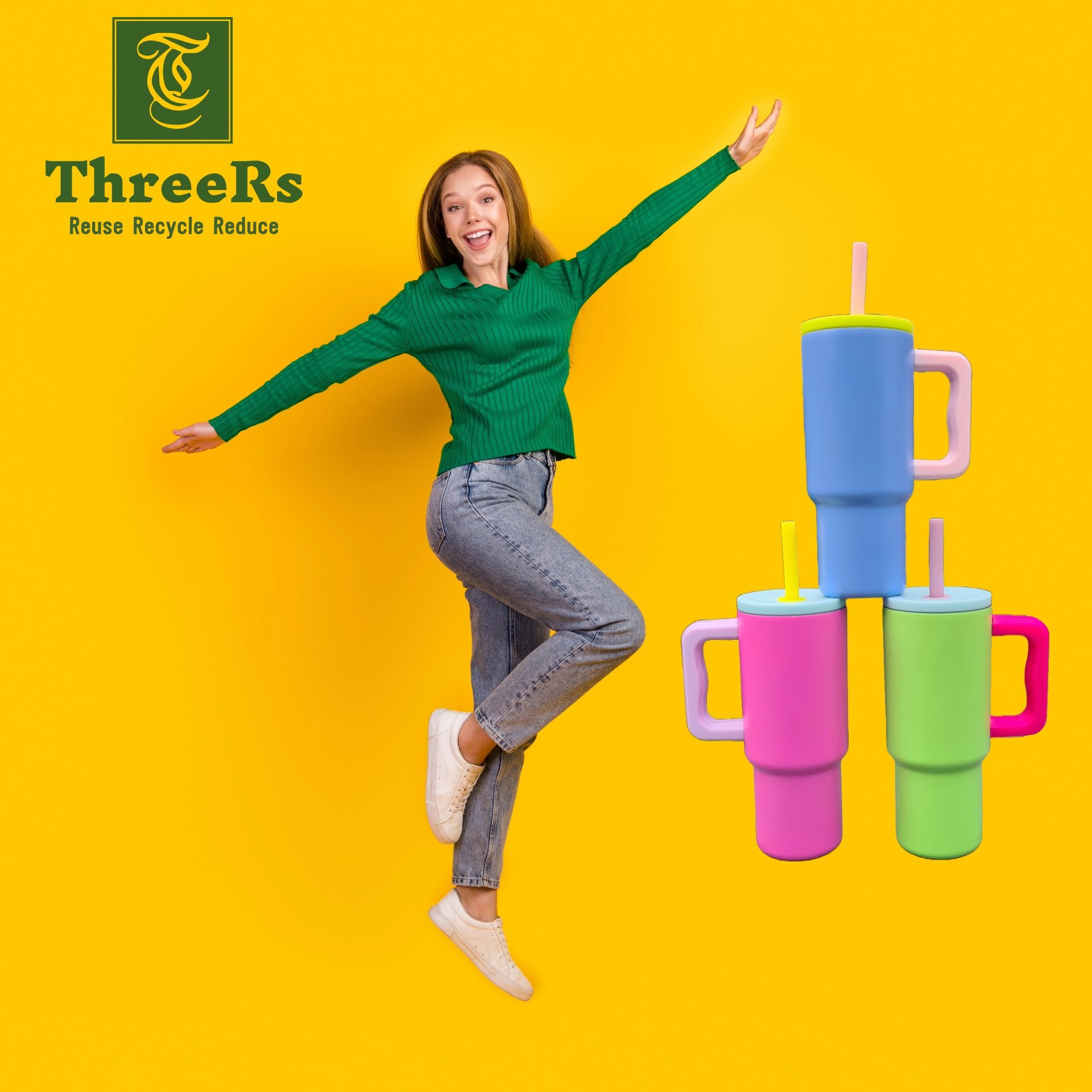 ThreeRs - Insulated Stainless Steel Travel Tumbler with Straw 24oz, Summer Matt Neon Colour (Neon Green) - ThreeRsonline